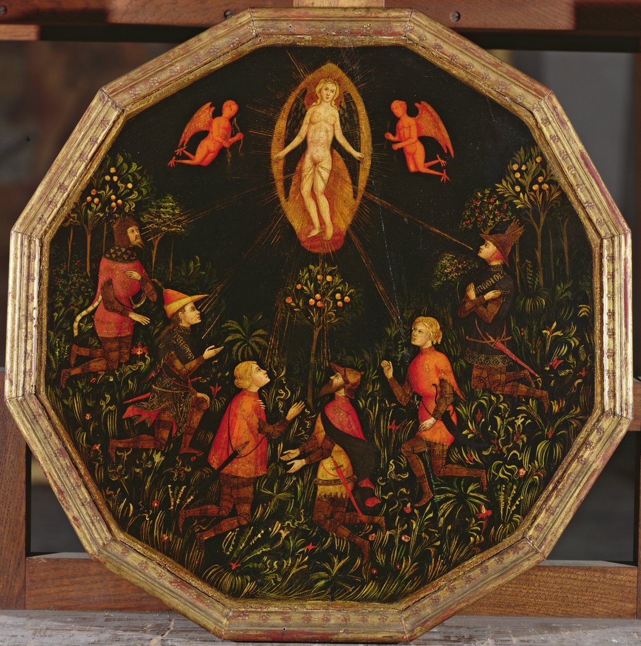 Bandeja de confinamento representando o Triunfo de Vênus venerado por seis amantes lendários: Aquiles, Tristão, Lancelote, Sansão, Paris e Troilo (óleo no painel) de Italian School