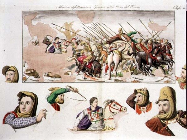 Cópia do Mosaico Alexander da Casa do Faun, Pompeia, placa 10, classe 6 da Parte I de "A História das Nações" (aquatint) de Italian School
