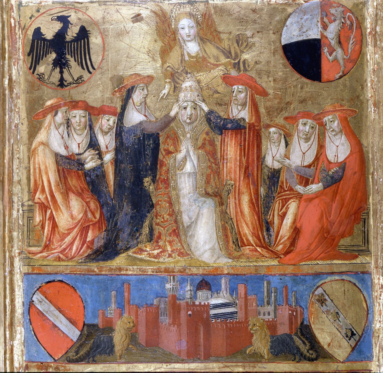 Coroação de Pio II (Enea Silvio Piccolomini) (1405 a 1464). Papa italiano (1458 - 1464). Lá embaixo está a cidade fortificada de Siena. Bicherna (capa do registro contábil da cidade de Siena) de 1460. Arquivo Nacional - Museo delle Tavolette de B de Italian School