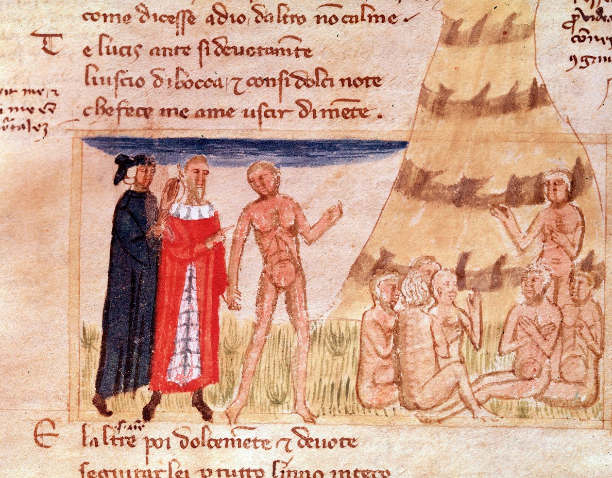A alma de Corrado Malaspina prevê para Dante o exílio (canção 8 do Purgatório, na Divina Comédia) - Miniatura de Italian School