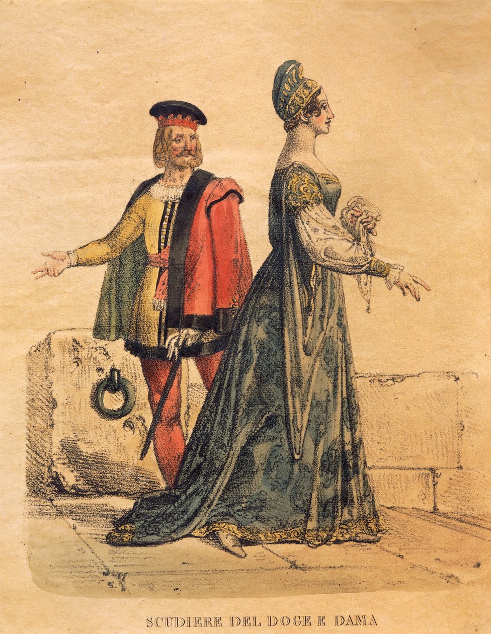 Desenho de figurino para um escudeiro do Doge e uma senhora, de 