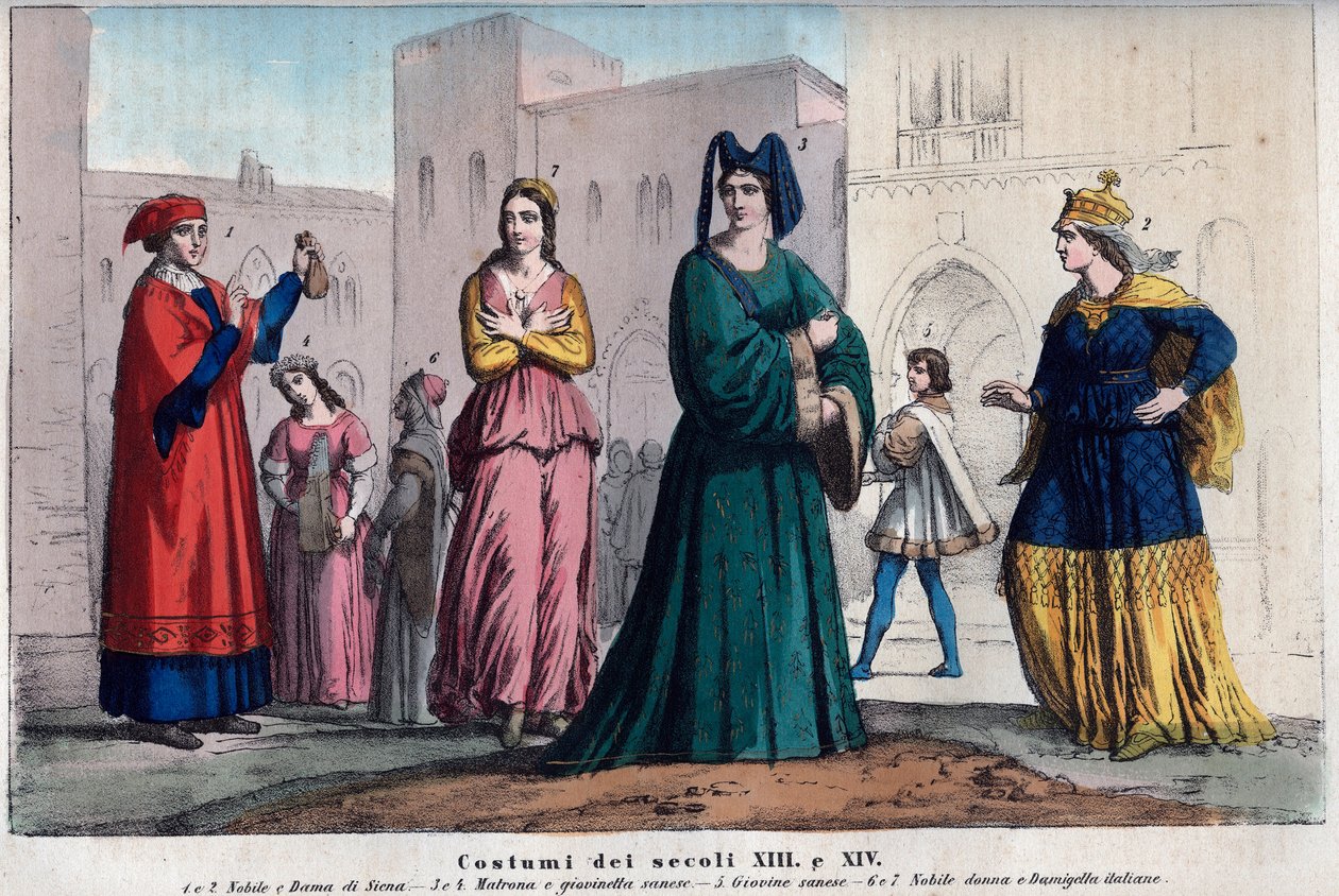 Figurinos em Siena entre os séculos XIII e XIV - vestuário em Siena entre os séculos XIII e XIV - gravura de "Usi e Costumi di Tutti i Popoli dell