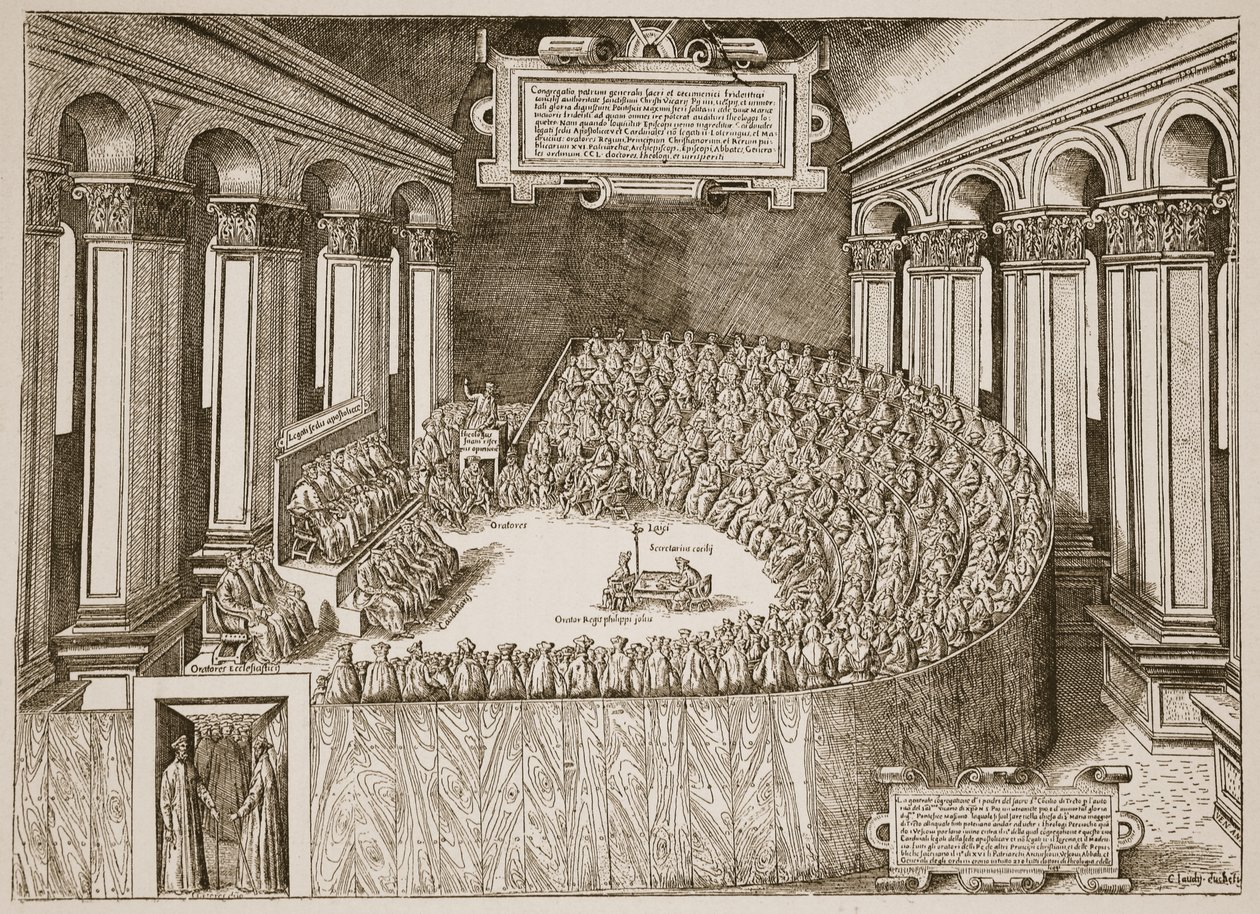 Conselho de Trento, 1563, de uma gravura publicada em Veneza em 1565, ilustração da igreja da Inglaterra: uma história para os povos por HDM Spence-Jones, bar. c.1910 (foto sépia) de Italian School