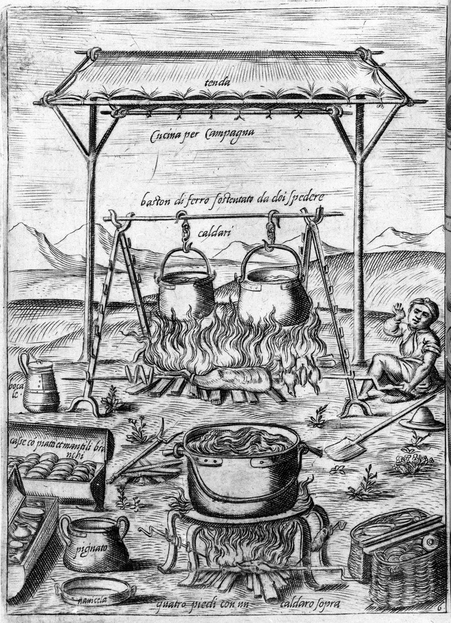 Cozinha campestre: caldeirões e panelas são colocados no fogo. Gravura de "Ópera", livro sobre gastronomia dividido em 6 partes, de Bartolomeo Scappi, cozinheiro pessoal do Papa Pio V. Veneza. de Italian School