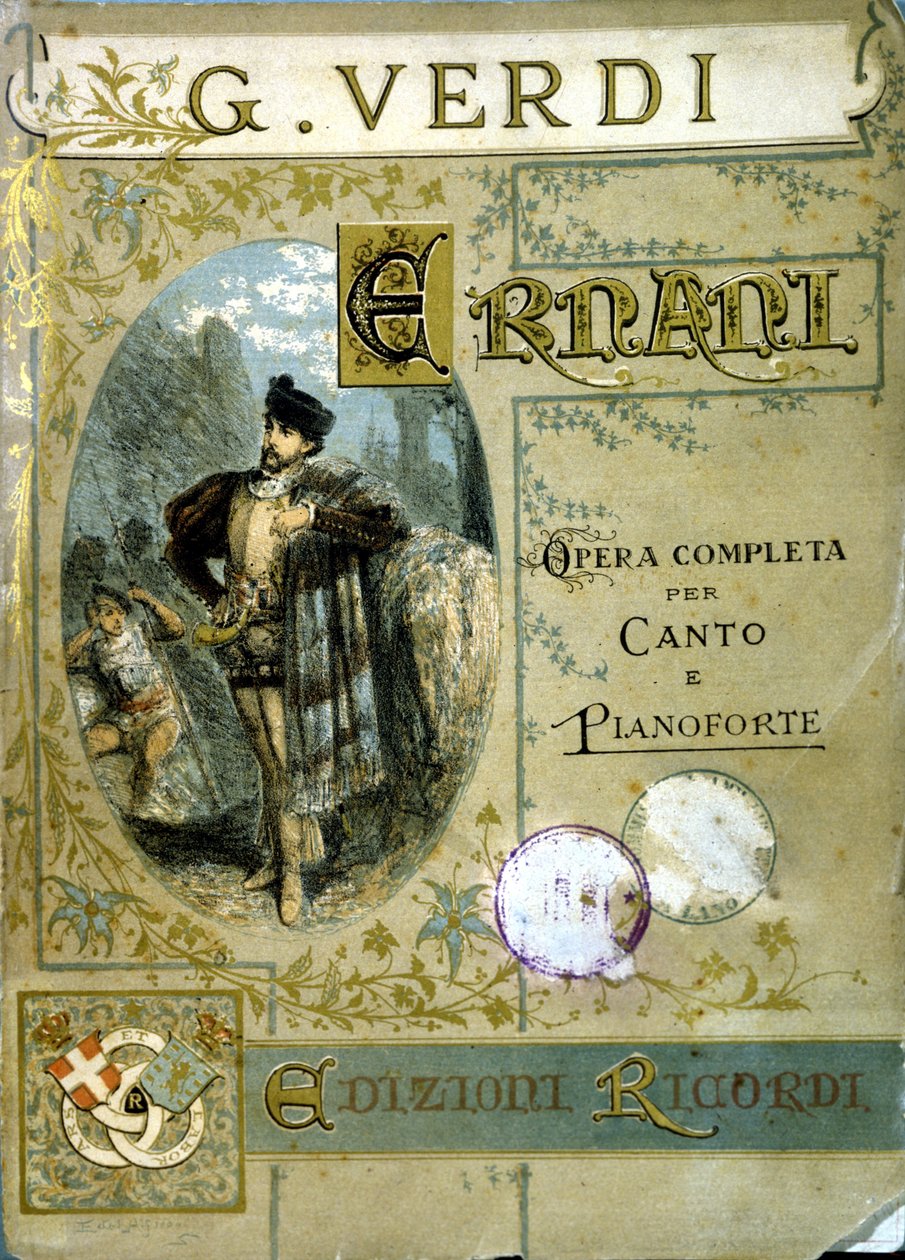 Capa da partitura para voz e piano da ópera "Ernani" composta em 1844 por Giuseppe Verdi (1813 - 1901) após a tragédia de Victor Hugo. de Italian School