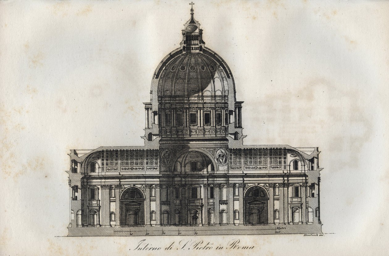 Corte transversal da Basílica de São Pedro (Basílica de São Pedro) em Roma - gravura de "Usos e costumes de todos os povos do Universo". Ou melhor, a história do governo, das leis, das milícias, da religião de todas as nações desde os tempos mais remotos a de Italian School