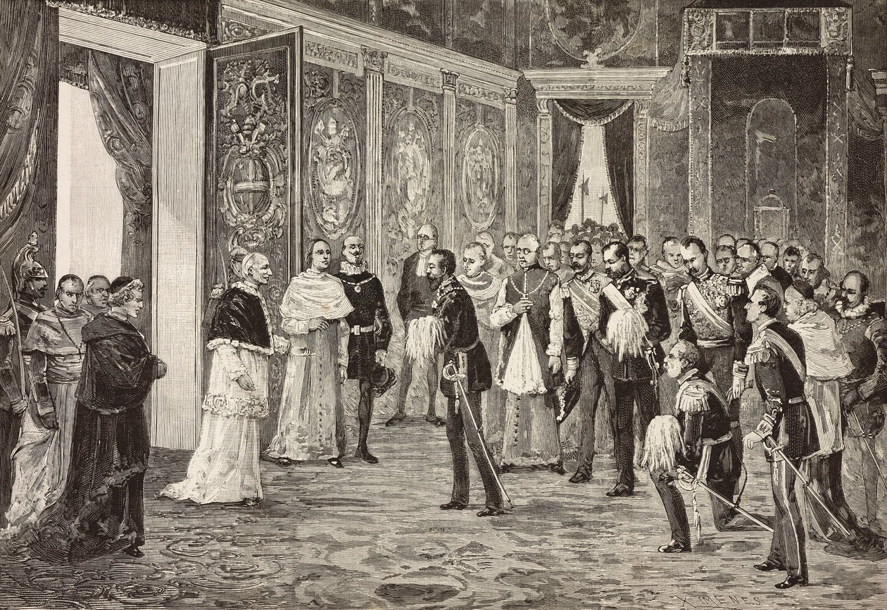 Príncipe herdeiro da Alemanha (futuro Frederico III) sendo recebido pelo Papa Leão XIII na Sala do Trono, Vaticano, gravura de desenho de Ximenes do esboço de Dal Don, de L