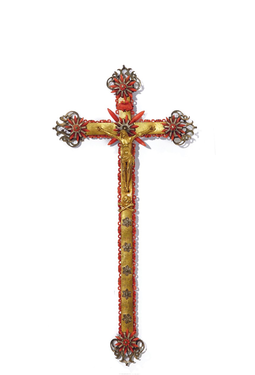 Crucifixo, Trapani, primeira metade do século 17 (cobre dourado, bronze, prata e coral) de Italian School