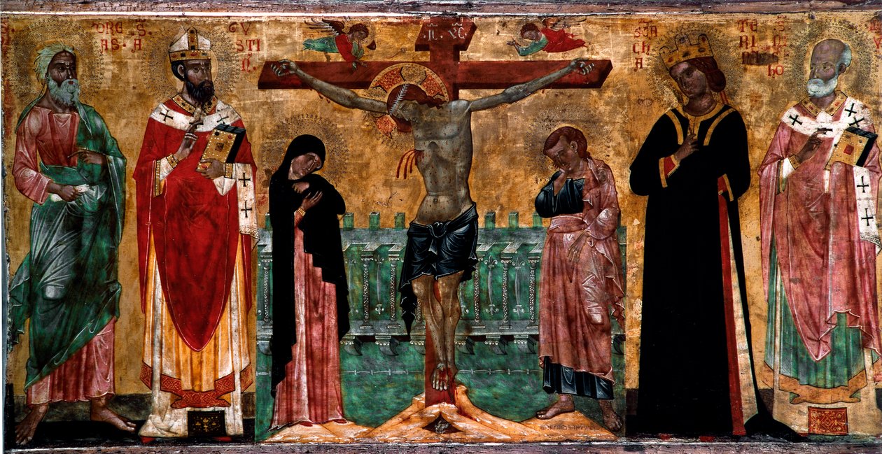 Crucificação e santos Pintura em madeira por artista anónimo da escola Veneto Byzantine. Dim. 61x113 cm Veneza, Museo Correr, n. 381 de Italian School