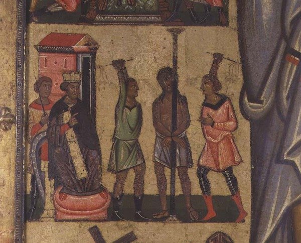 Crucificação com Histórias da Paixão: detalhe mostrando a Flagelação de Cristo, Escola de Lucca (tempera no painel) de Italian School