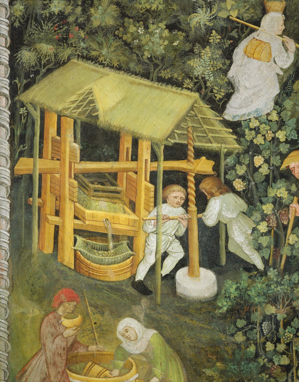 Esmagamento de uvas. O lagar de vinho (fresco) de Italian School