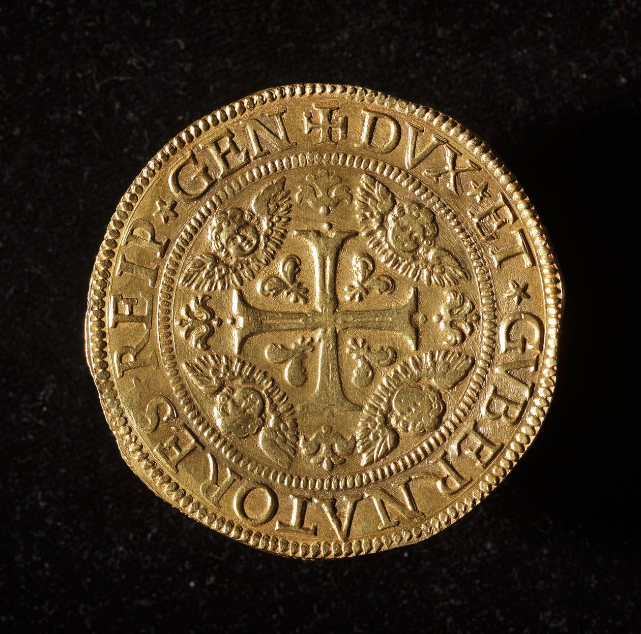 Moeda da República de Genes: 12,5 moedas de ouro doppie. Diam. 61 mm. 1656. frente. Genes Musei di Strada Nuova (inv. 6456) de Italian School