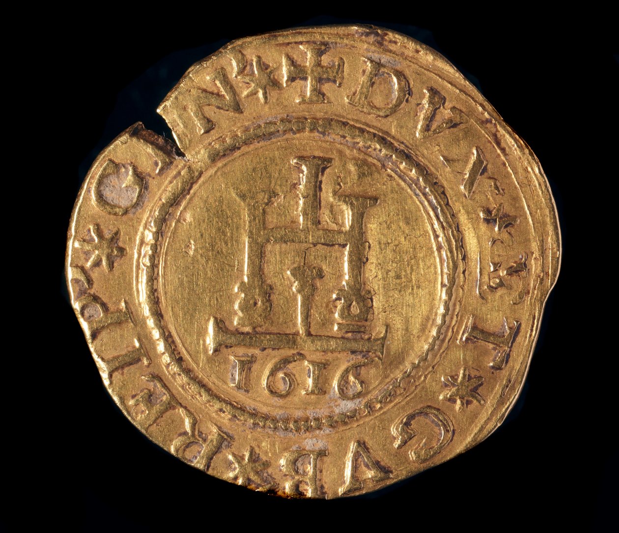 Moeda da República dos Genes: um quádruplo de ouro com um portal de Gênova. Diâmetro 32 mm. 1616. frente. Genes Musei di Strada Nuova de Italian School