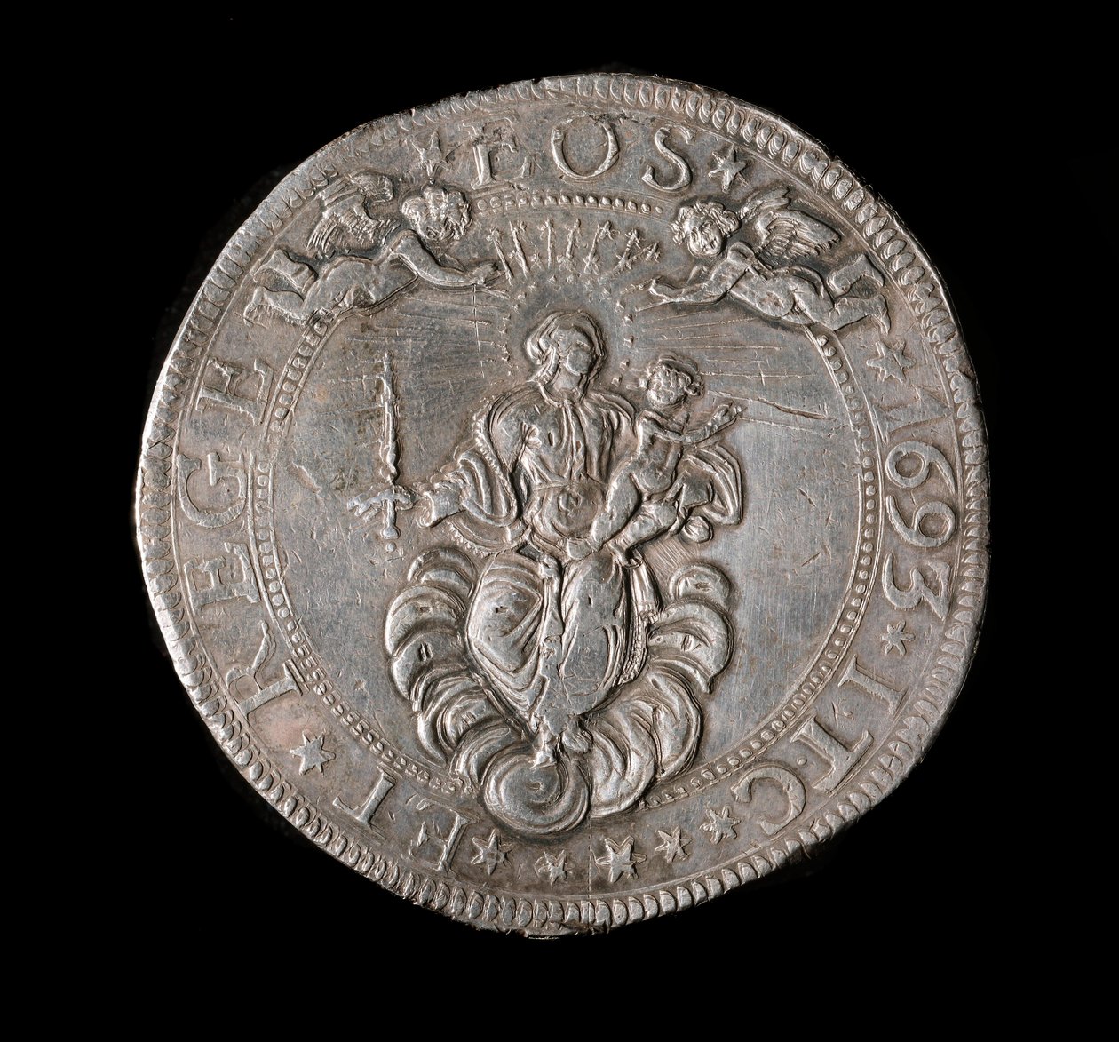 Moeda da República de Genes: moeda de prata de cinco ecus. Diam. 61 mm. 1693. Atrás. Genes Musei di Strada Nuova de Italian School