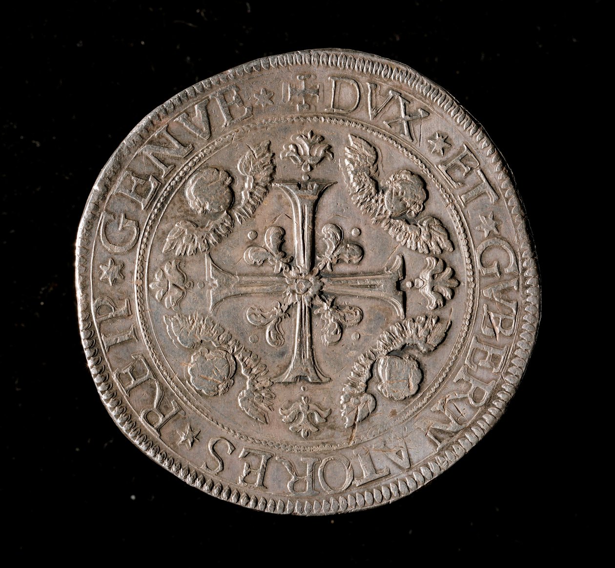 Moeda da República de Genes: moeda de prata de cinco ecus. Diam. 61 mm. 1693. Frente. Genes Musei di Strada Nuova de Italian School