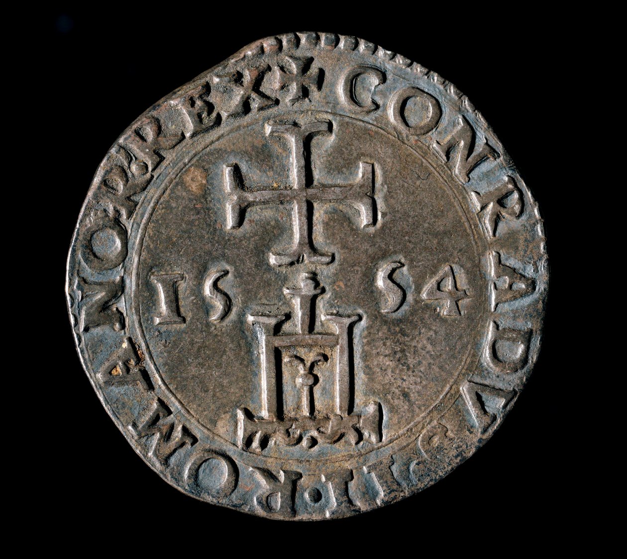 Moeda da República de Genes: teston de prata (ou testone) da Bênção. Frente representando o portal de Génova sob uma cruz. 1554 Genes, Musei di Strada Nuova de Italian School