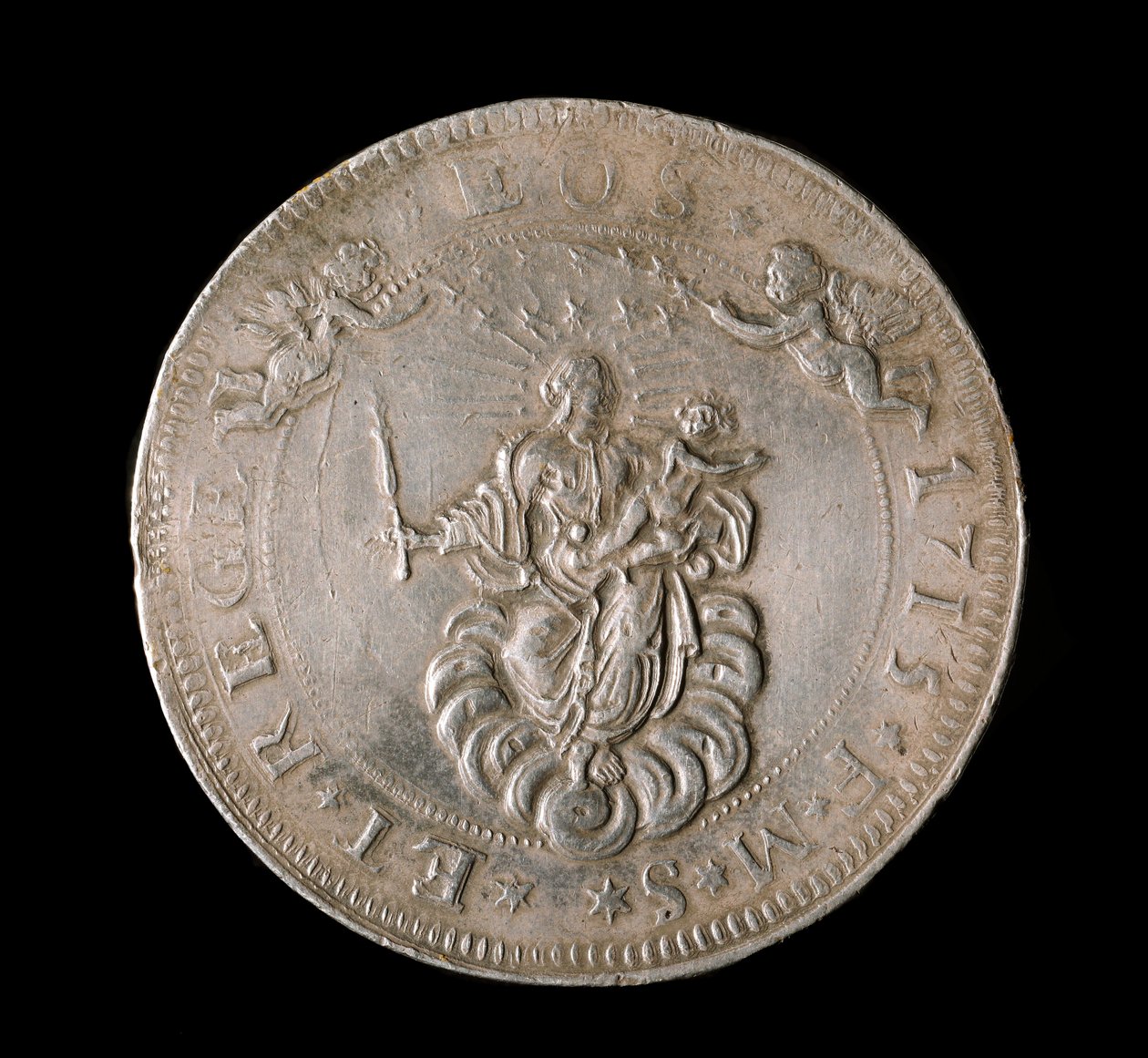 Moeda da República de Genes: moeda de prata de seis ecus. Diam. 61,5 mm. 1715. Frente. Genes Musei di Strada Nuova (inv, M7156) de Italian School