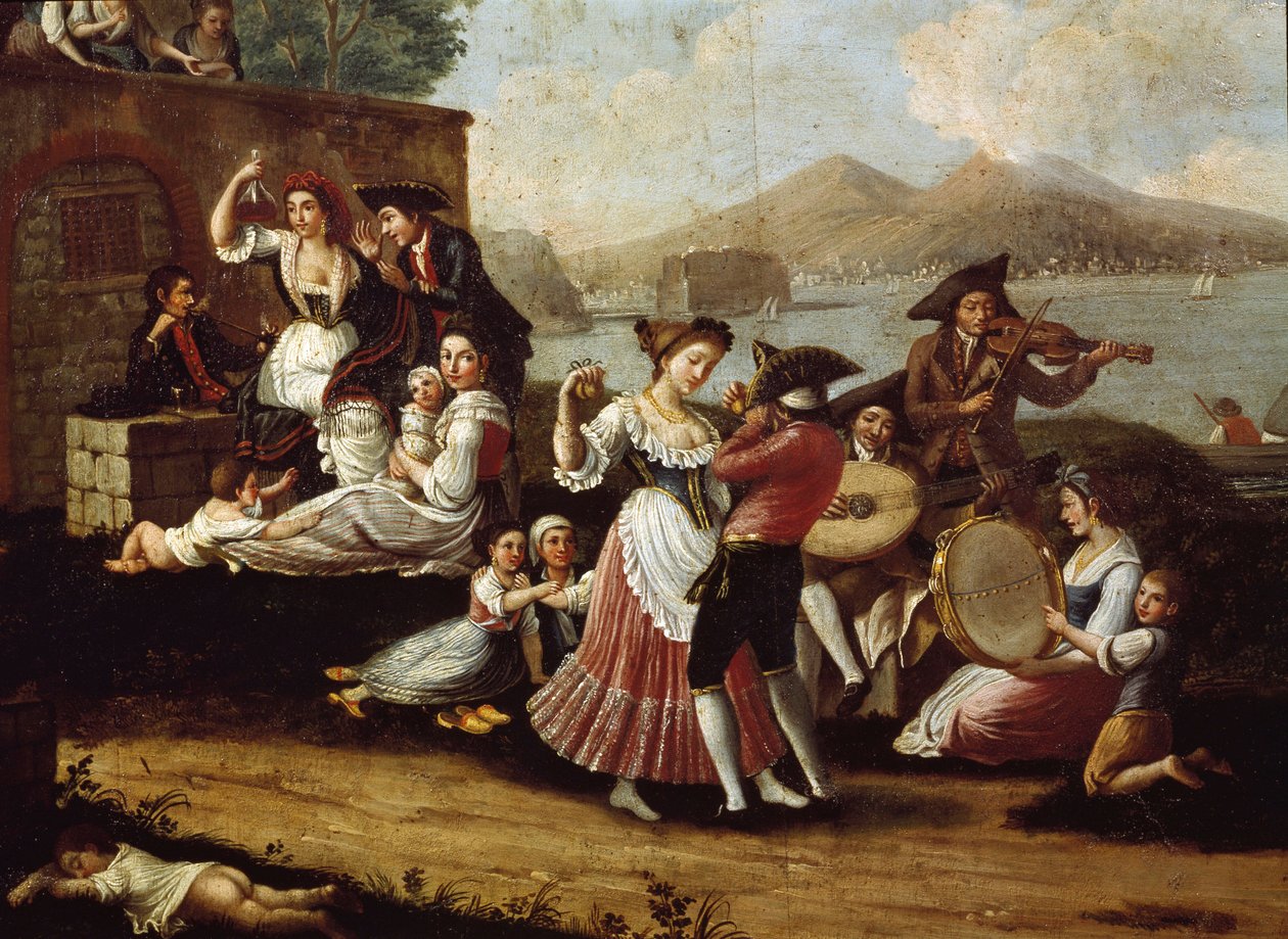 Cena de dança e festa popular em Nápoles Dançarinos de tarantella (tarantella, tarantella). Pintura anónima. Século XVIII Nápoles, Museo Nazionale di San Martino de Italian School