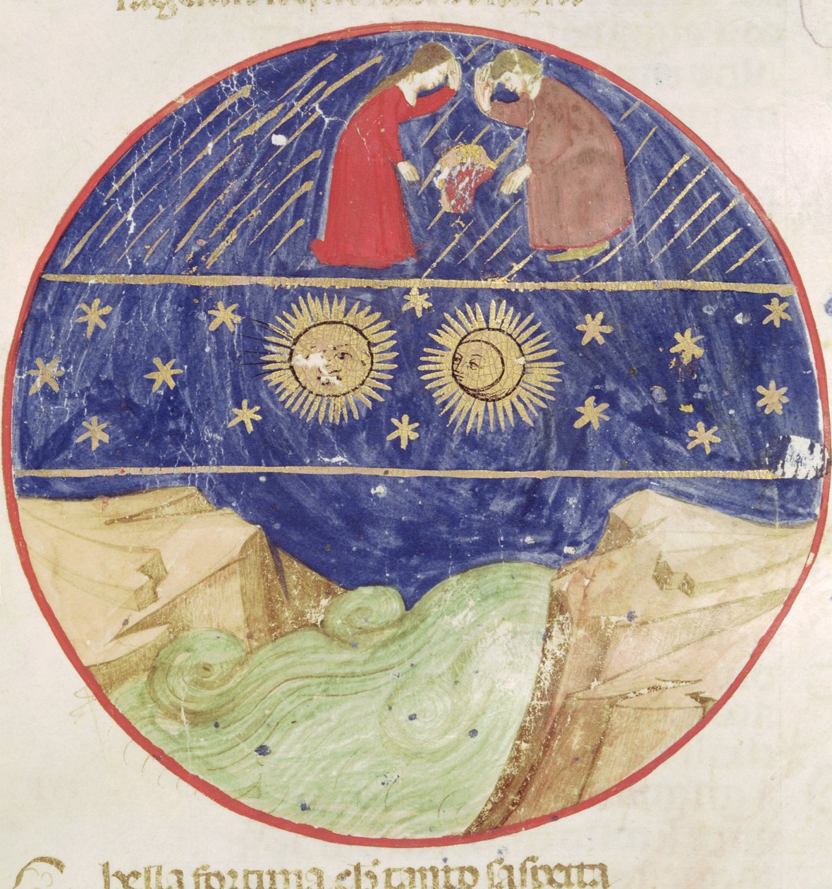 Dante e Beatrice contemplando o signo de Gêmeos, os planetas e a terra, da Divina Commedia por Dante Alighieri (1265-1321) de Italian School