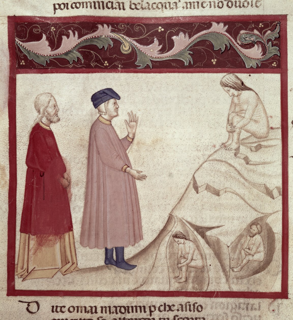 Dante e Virgílio (70-19 aC) encontram as almas presas nas rochas, da Divina Comédia de Dante Alighieri (1265-1321) de Italian School