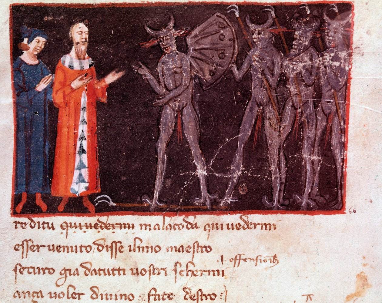 Dante e Virgil falam com Malacoda, líder dos esquadrões Malebranche (canção 21 do Inferno, na Divina Comédia) - miniatura de Italian School