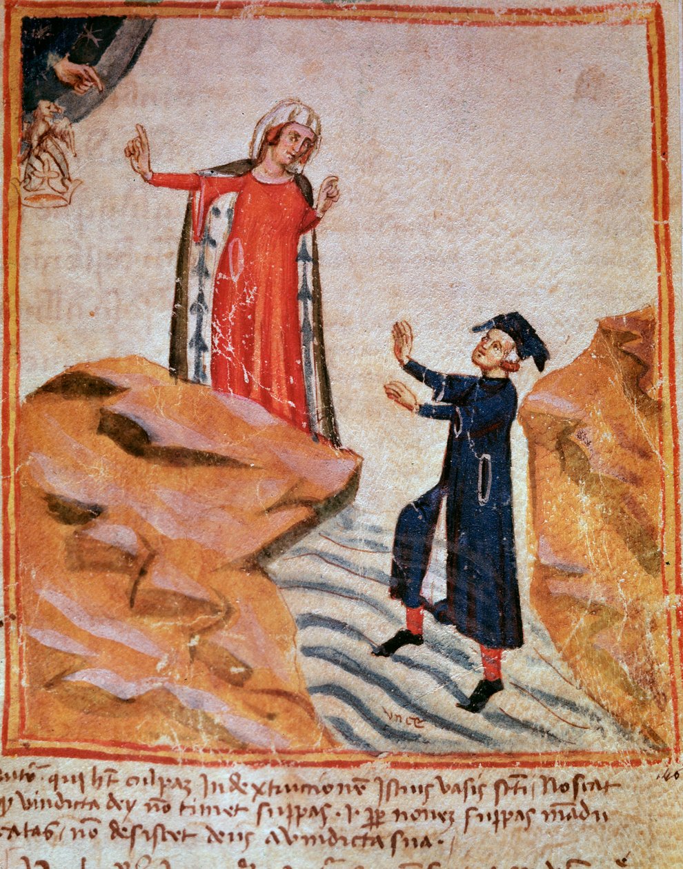 Dante conhece Mathelda no banco do Lethe (canção 28 do Purgatório, na Divina Comédia) - Minature de Italian School
