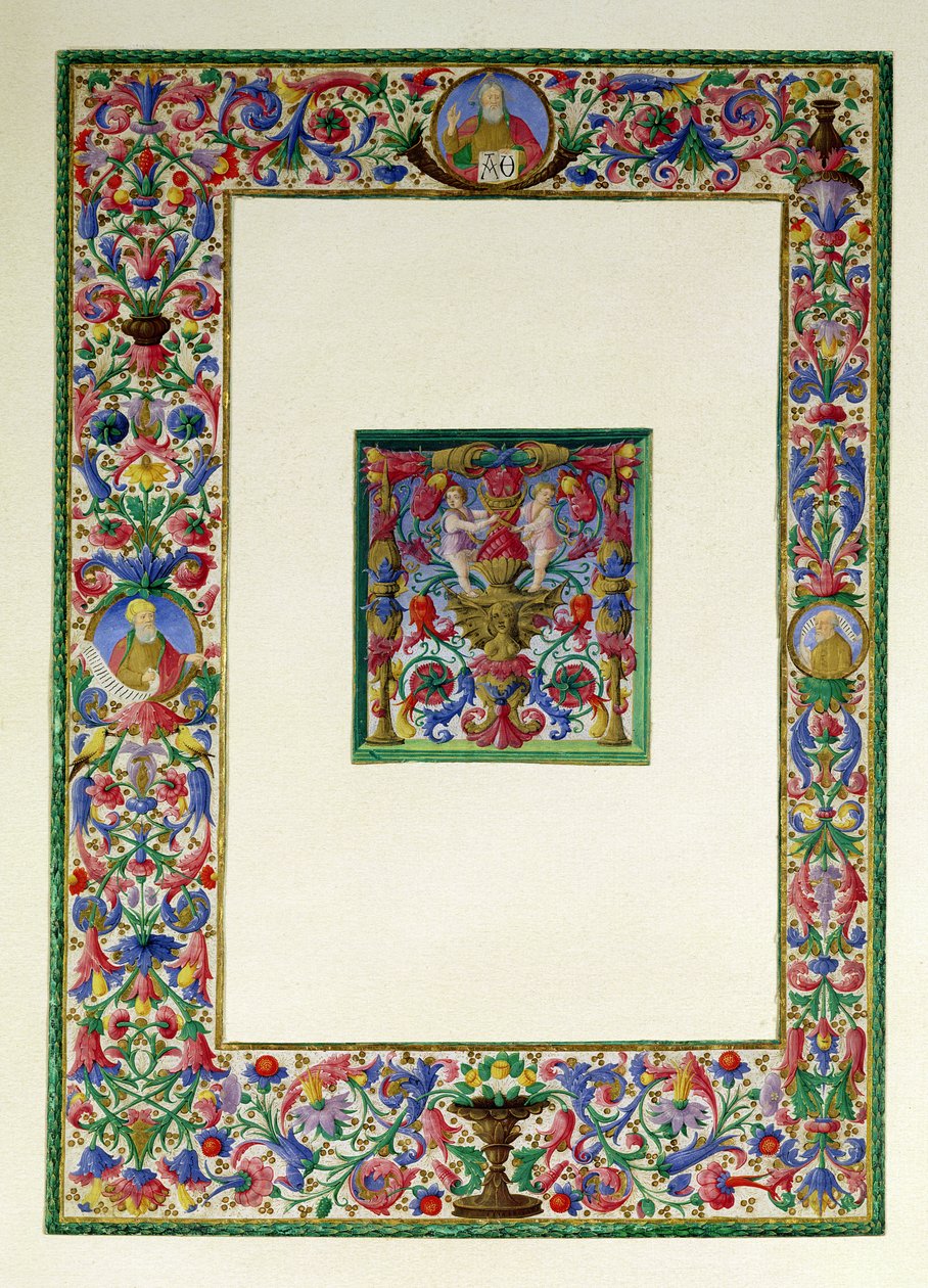 Fronteira decorativa com Deus o Pai e dois profetas e uma historiated T inicial com uma sirene e dois putti, do 15o ao 16o século de Italian School