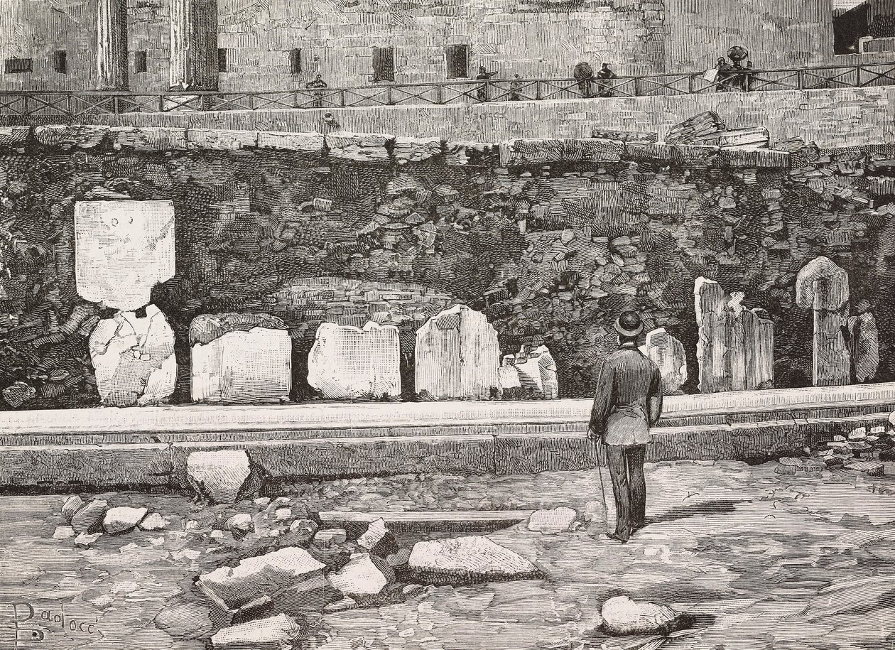 Hemiciclo decorativo no Fórum Romano, Roma, Itália, gravura de desenho de Dante Paolocci, de L