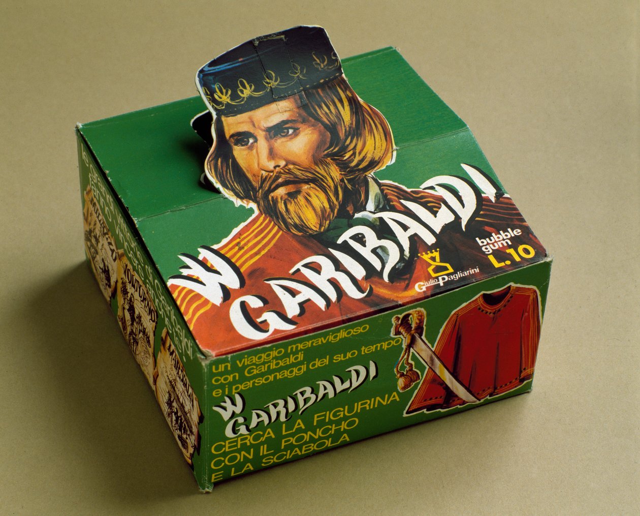 Produtos derivados: caixa de pastilhas elásticas com a efígie de Giuseppe Garibaldi de Italian School