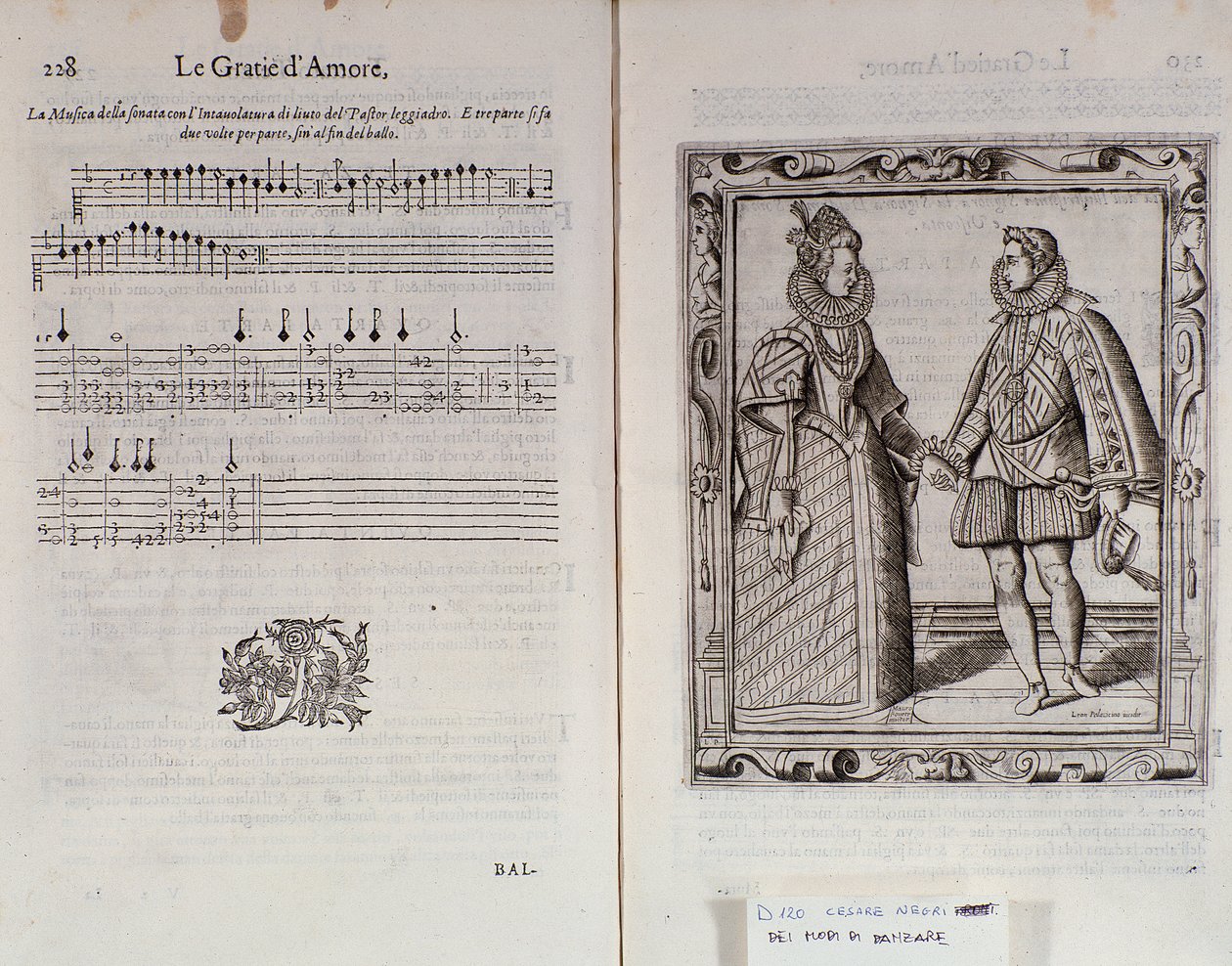 Descrição do balé para dois Página dupla de Le Gratie dAmore (Le Grazie dAmore) pelo dançarino italiano Cesare Negri chamado Il Trombone (1536-1604), tratado sobre dança de Italian School