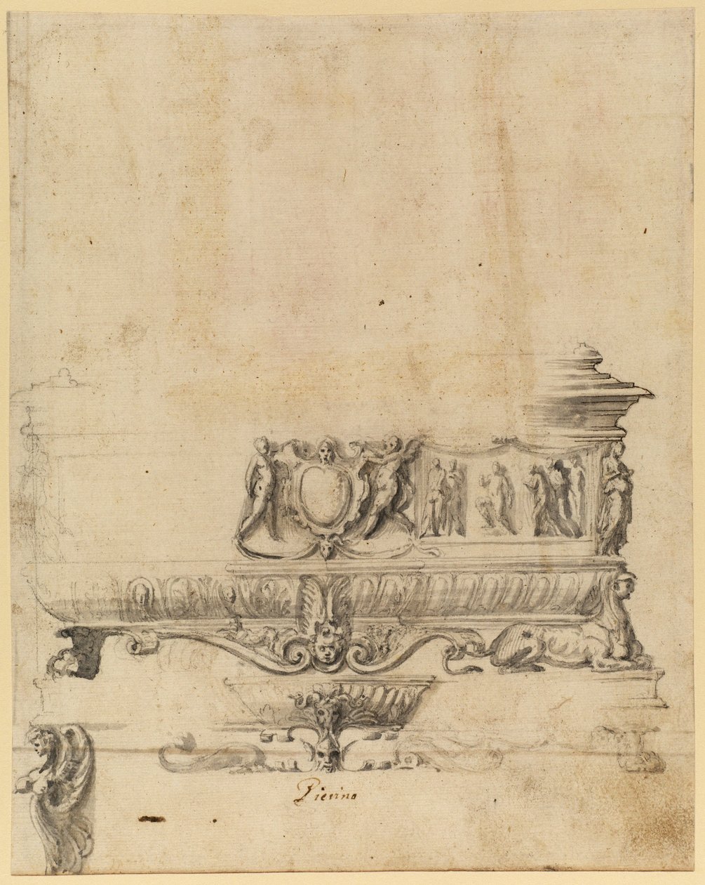 Design para um baú (caneta e tinta, wash e giz no papel) de Italian School