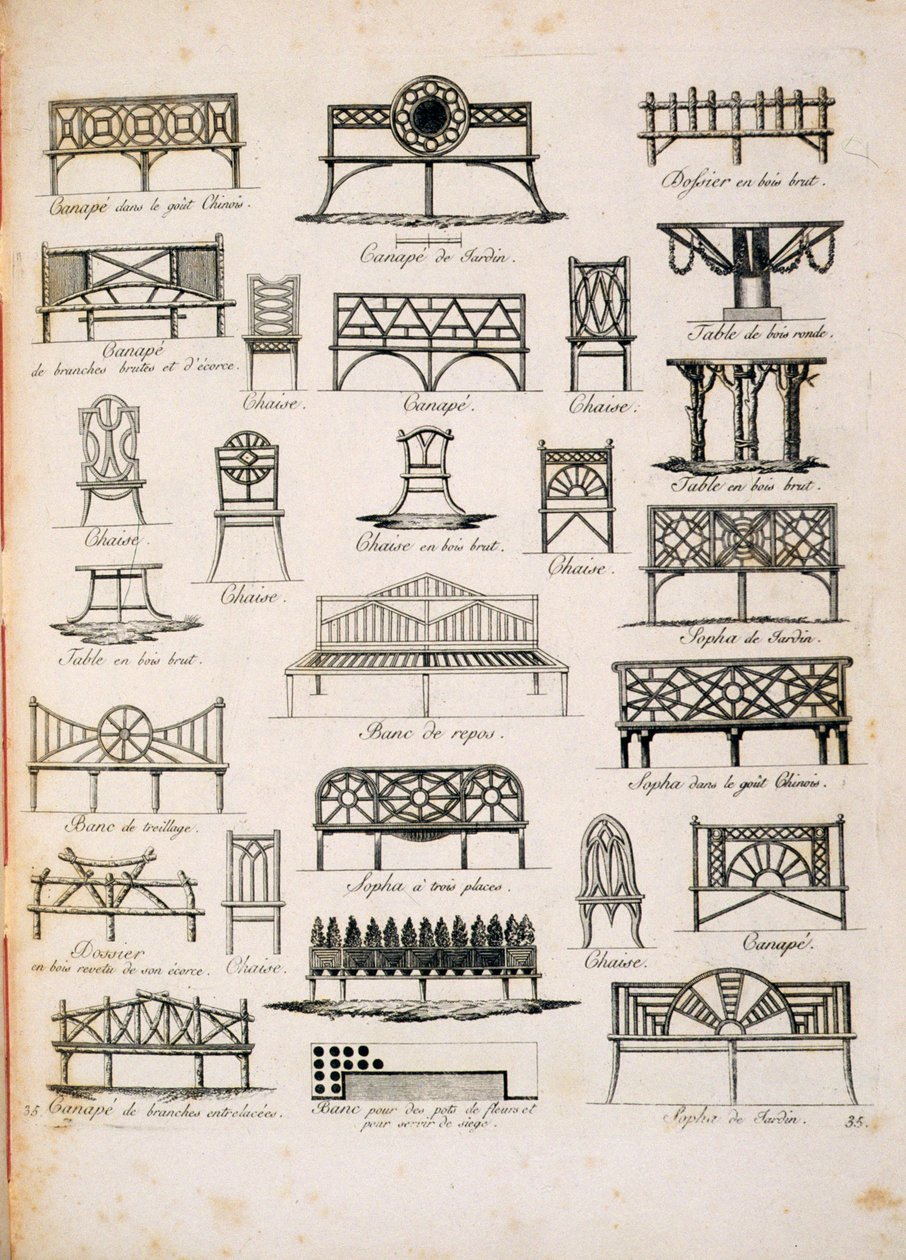 Desenhos para assentos de jardim, de A Compendium of Drawings, de JG Grohmann, publicado em 1805 de Italian School