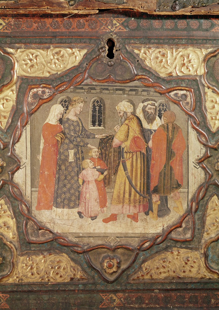 Detalhe de uma cassete mostrando a história de Saladino e Torello de Ístria, de Giovanni Boccaccio (tempera no painel) (ver também 444280-81) de Italian School