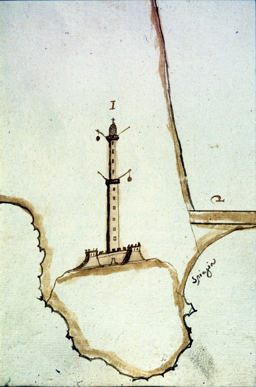 Detalhe de um mapa topográfico manuscrito do século XVII, mostrando a posição da lanterna de Génova. de Italian School