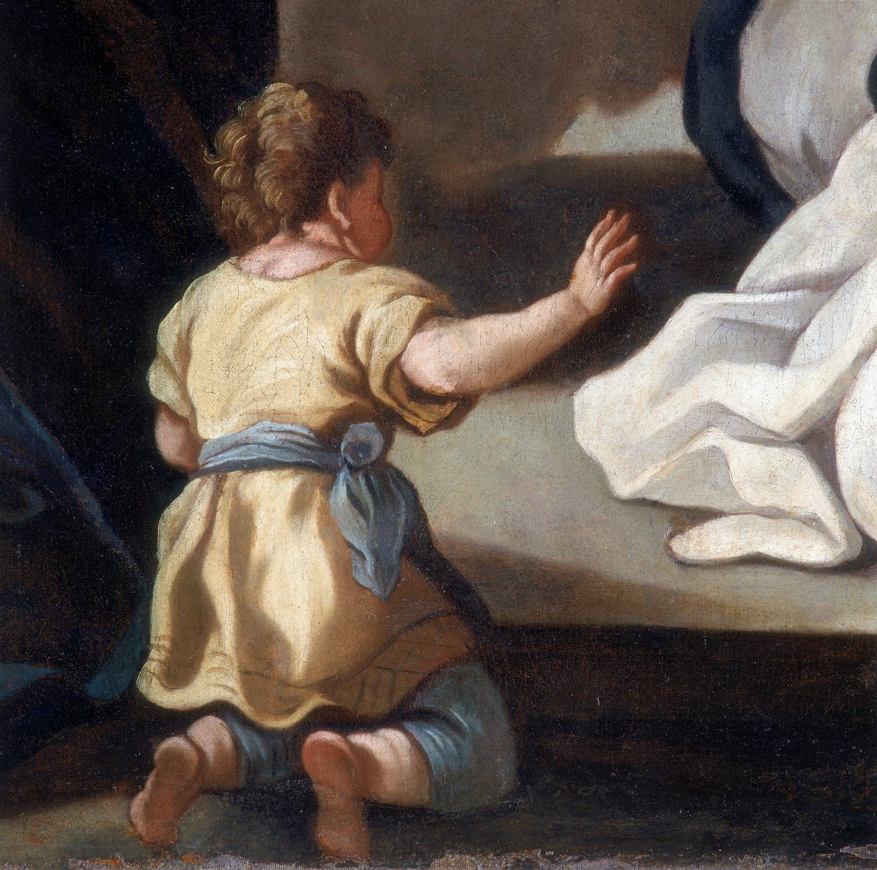 Detalhe da pintura retratando a Madonna do Rosário com os Santos Dominik e Catarina de Siena de Italian School