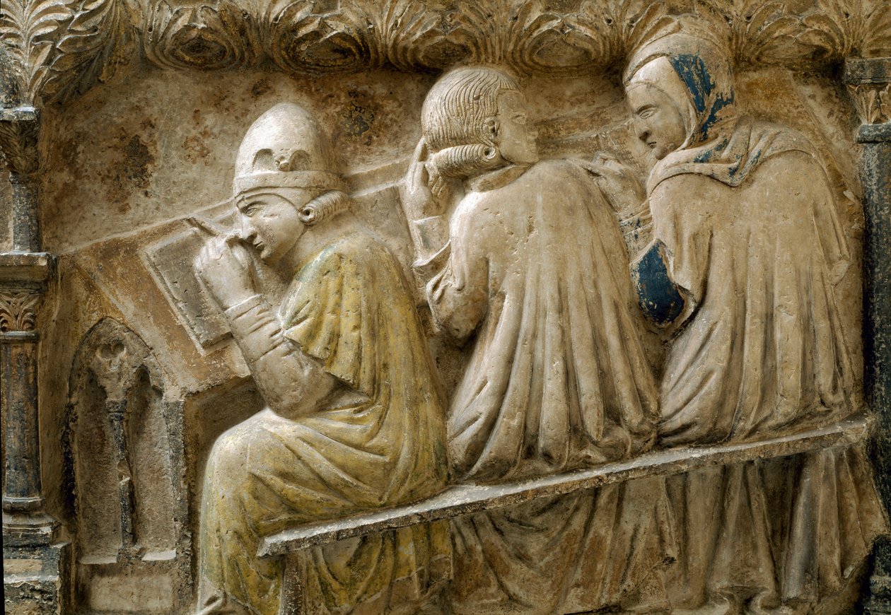 Detalhe representando os alunos que seguem o curso de Bonifacio Galluzzi (Laje Grave, cerca de 1346) de Italian School