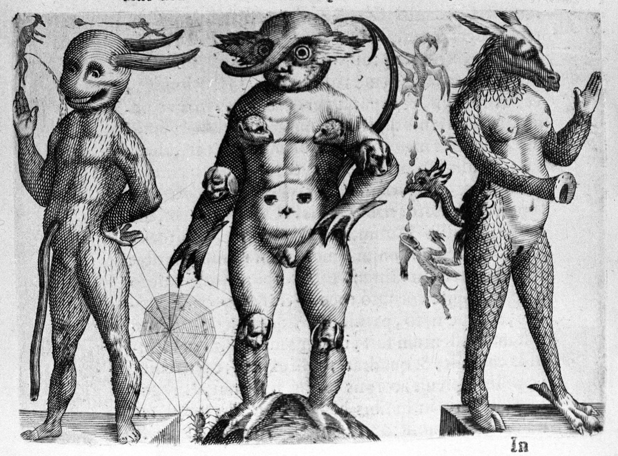 Diferentes tipos de monstros humanos com corpos meio humanos, meio animais. Gravura de "De monstrorum natura, causis et differentiis" de Fortunio Liceti (1577-1656), cientista italiano. 1646 de Italian School