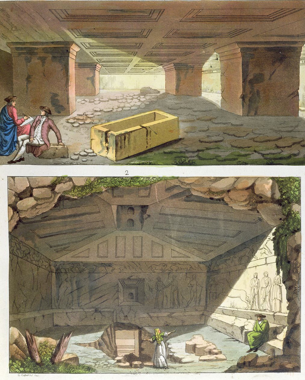 Descoberta de tumbas etruscas, c.1820 (gravura a cores) de Italian School