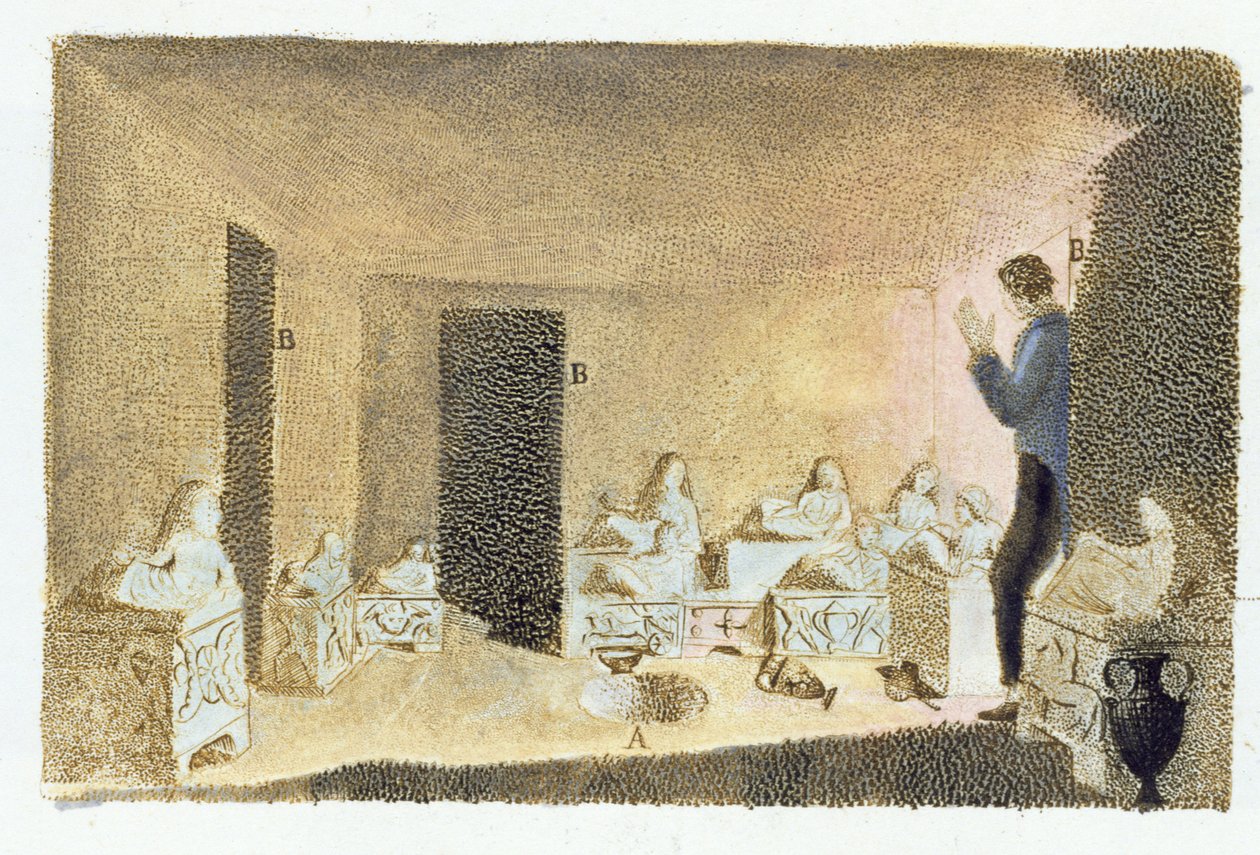 Descoberta de tumbas etruscas. ilustração de Monumenti Etruschi por Francesco Inghirami (1772-1846), publicado em Fiesole, 1825 (gravura de cor) de Italian School