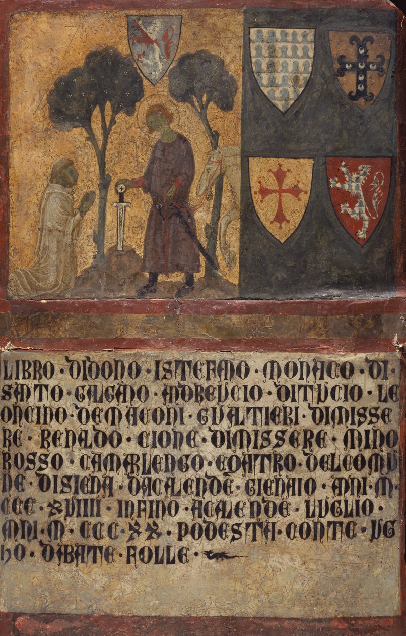 Don Stefano, monge de São Galgano, ajoelhado diante de São Galgano de Italian School