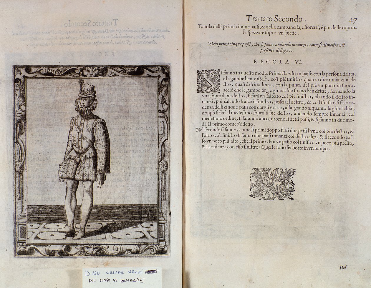 Página dupla de O Gratie dAmore (Le Grazie dAmore), do dançarino italiano Cesare Negri, chamado The Trombone (1536-1604), tratado sobre dança de Italian School