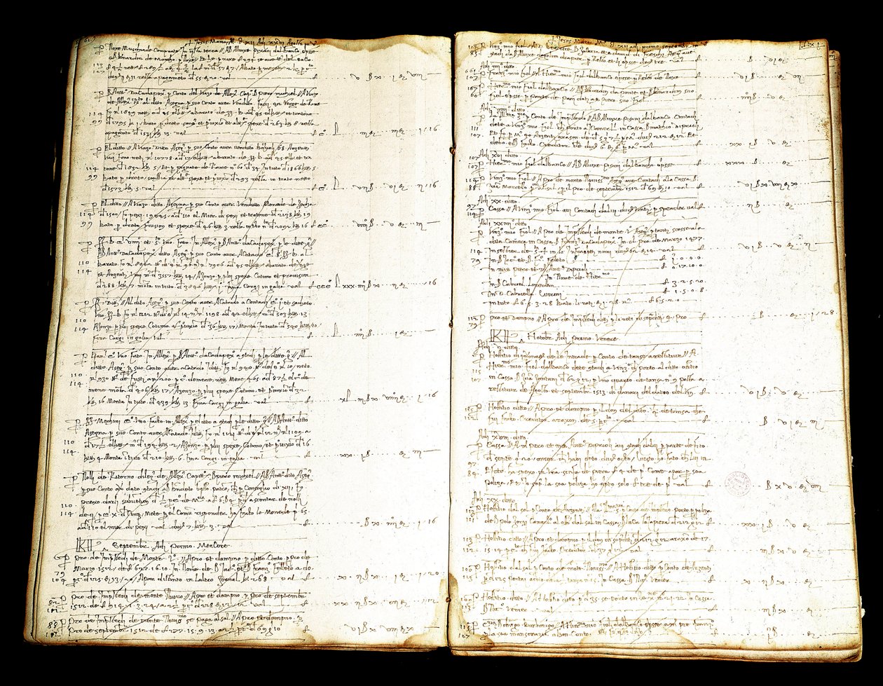 Página dupla de um registo de contas da família Priuli da nobreza veneziana, comerciantes ricos com o Oriente. Museo Correr do século XVI, Veneza de Italian School