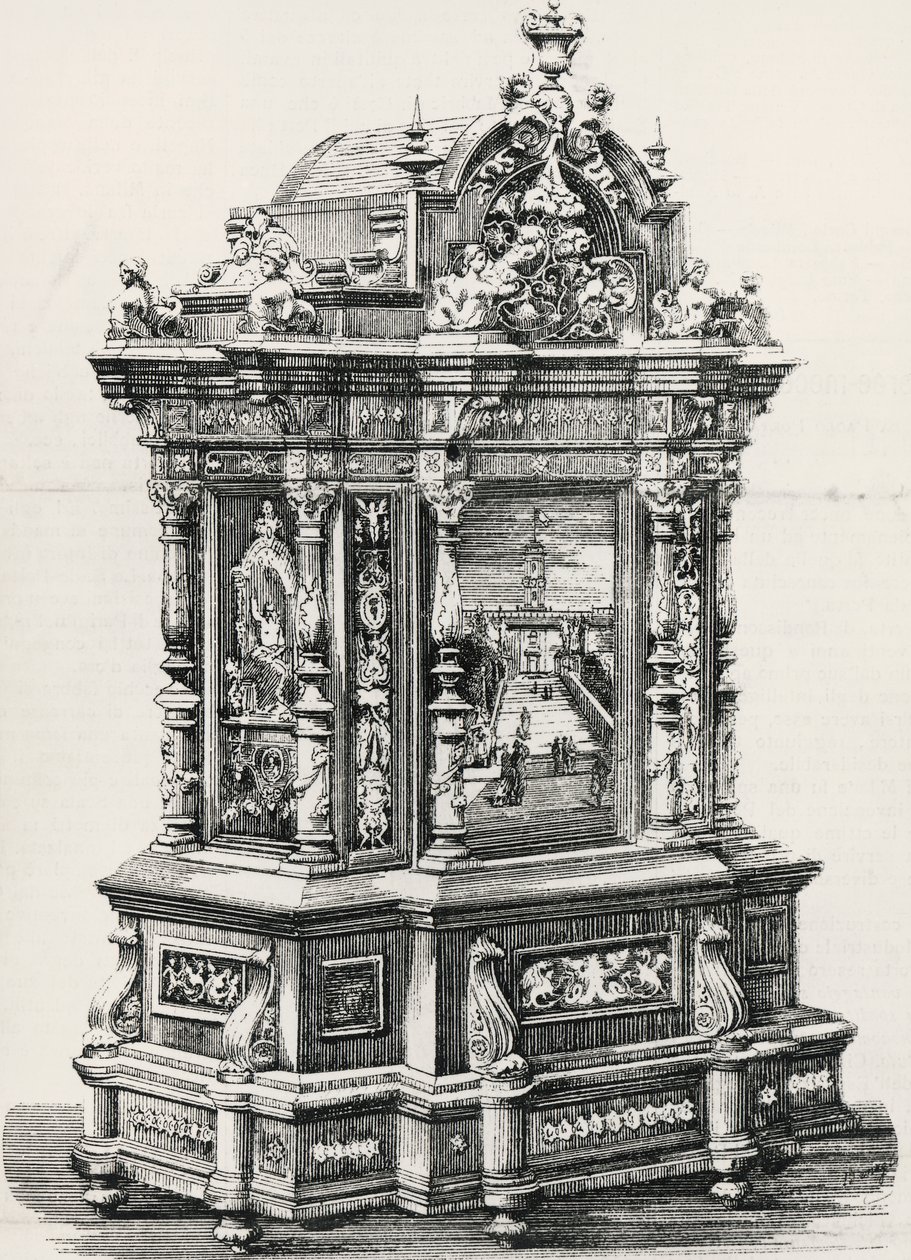 Gabinete em ébano com incrustações do marceneiro Alessandro Monteneri de Perugia (em atividade no século 19-20), ilustração da exposição italiana de 1881 em Milão, Itália de Italian School