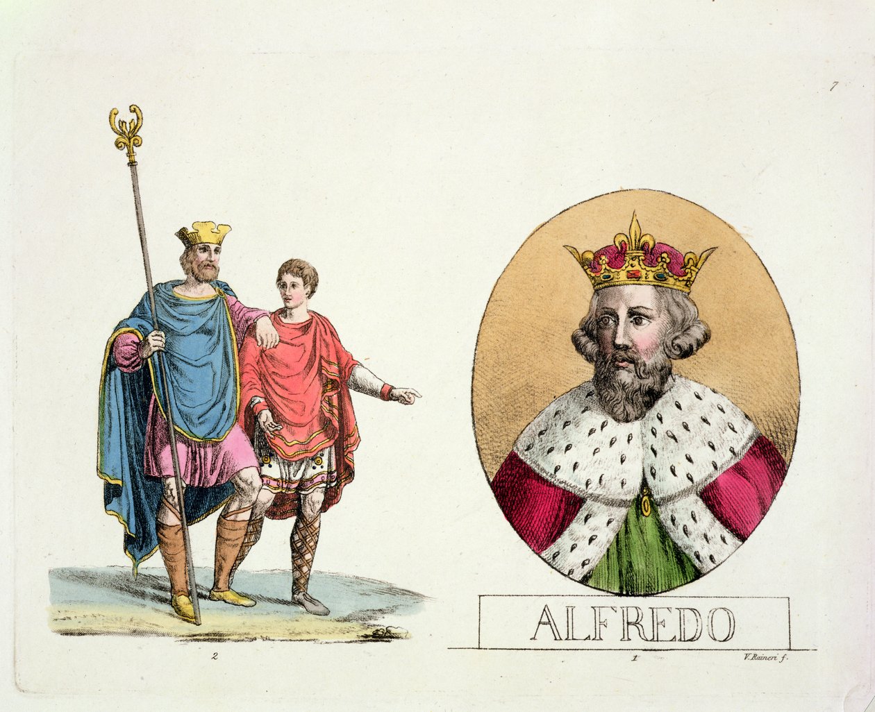 Eduardo o Confessor e o Rei Alfred, placa 7 da História das Nações (aquatint) de Italian School