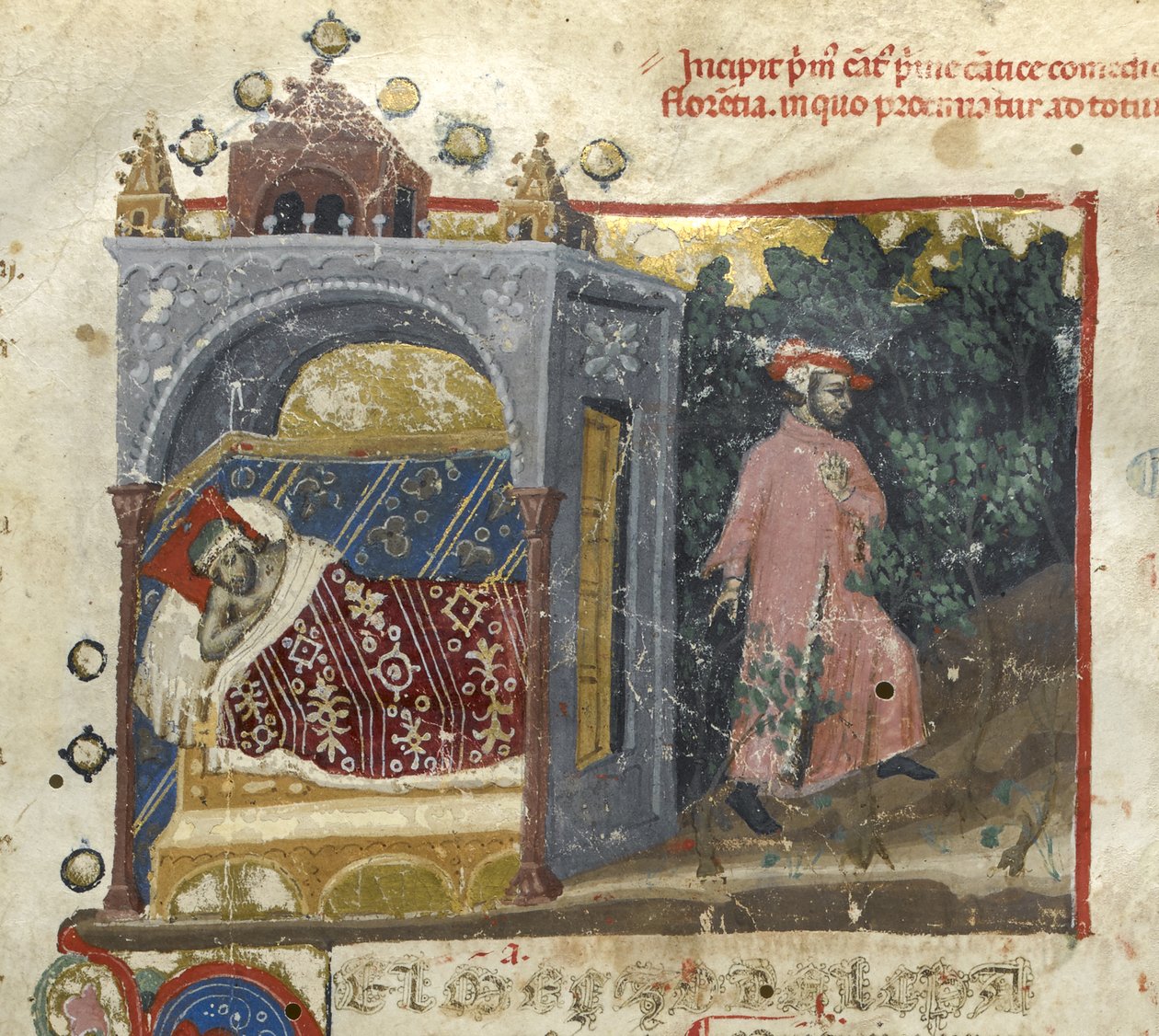 Egerton MS 943 f.3 Inferno: O sonho de Dante e a sua alma deixando o seu corpo, de "Divina Commedia" (A Divina Comédia) de Dante Alghieri (tinta e cor sobre o velo) de Italian School