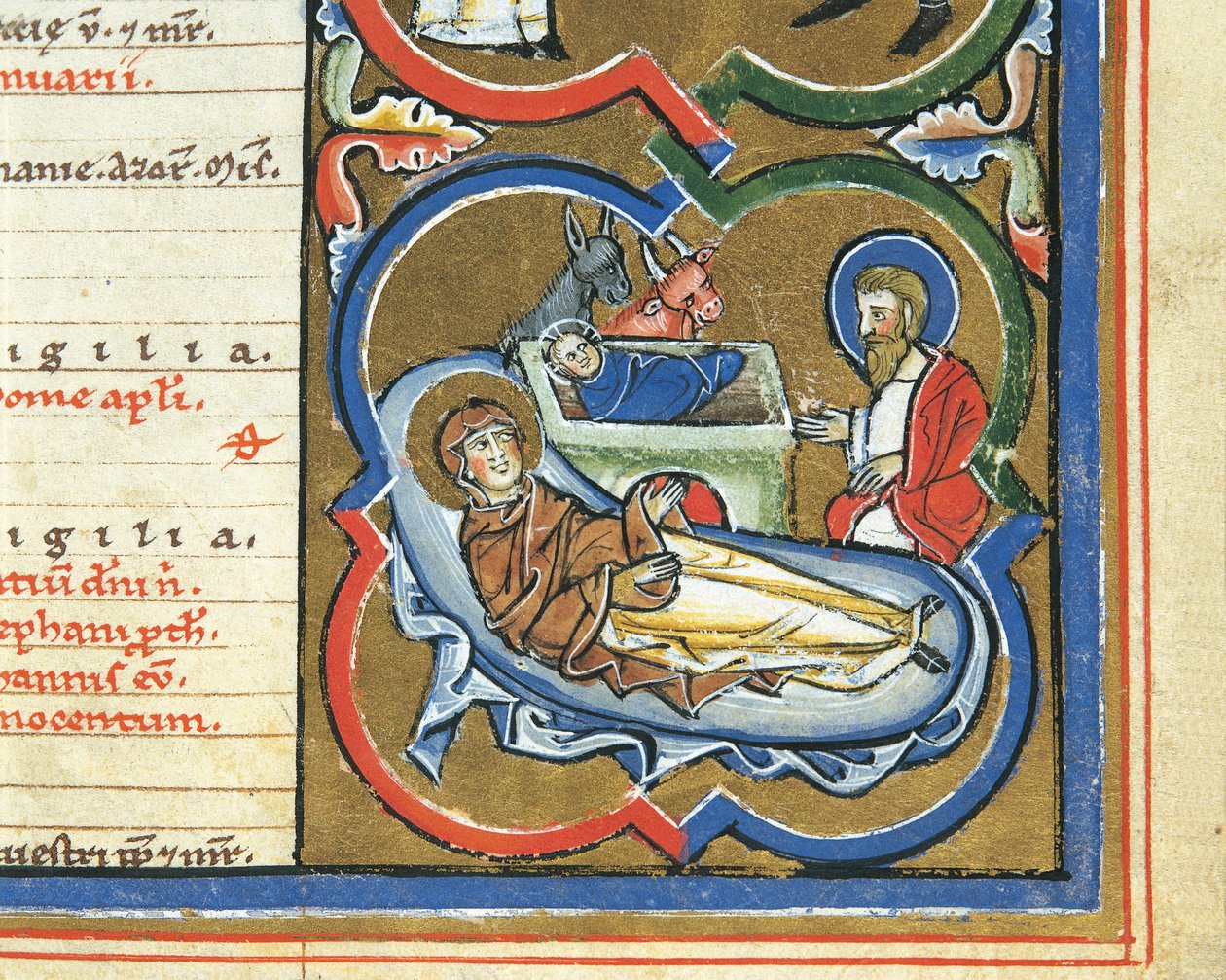Calendário Elizabetano, Dezembro, Natividade (caneta e tinta, tempera e folha de ouro em velino) de Italian School