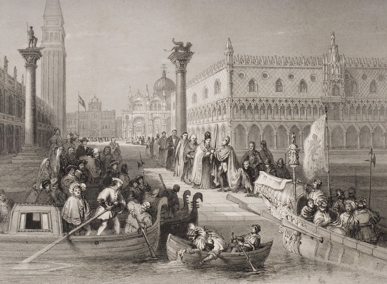 Embarque do Doge, Veneza, gravado por Challis de Italian School