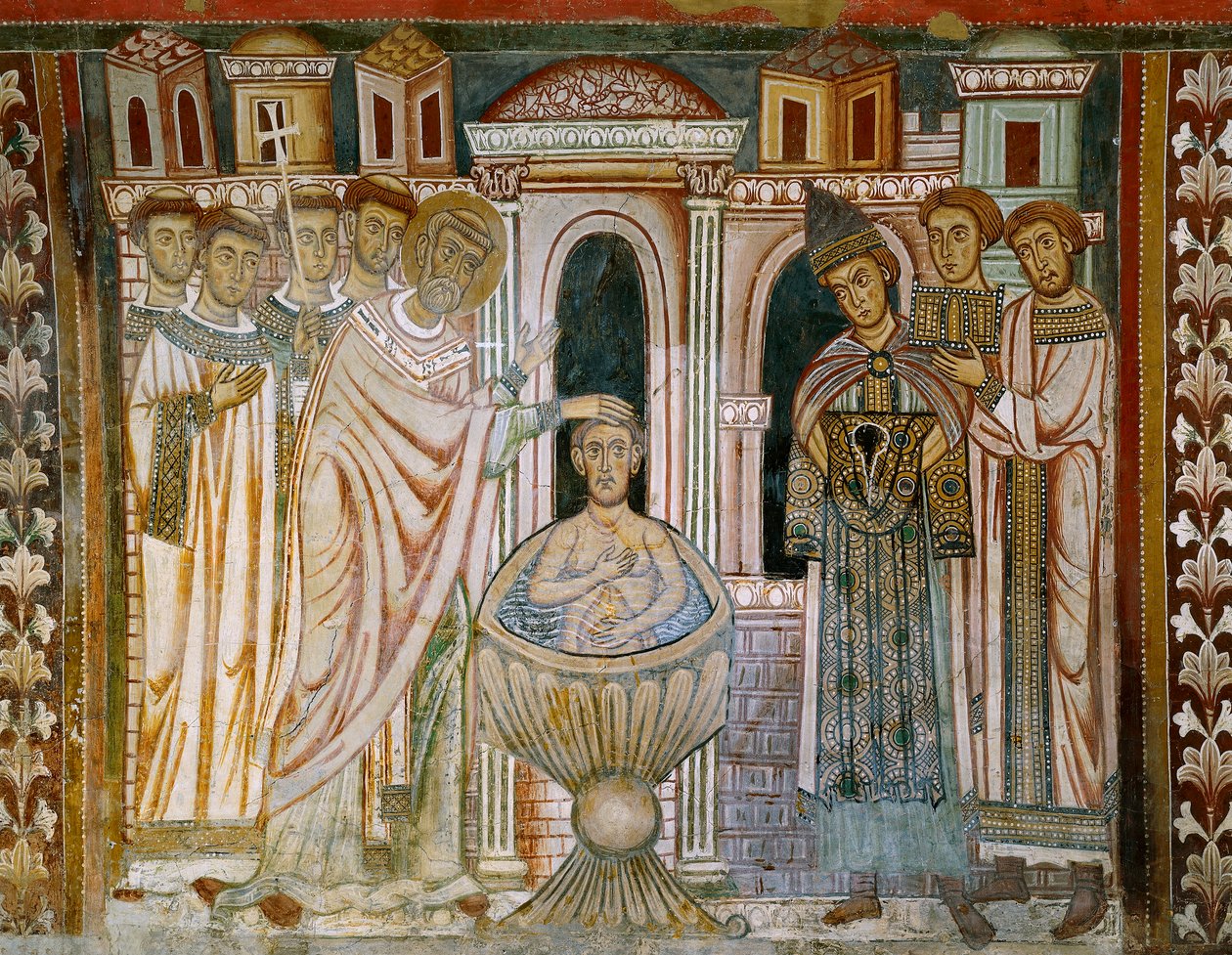 Imperador Constantino, tendo sido curado da lepra, detalhe da "Lenda de Constantino e São Silvestre". de Italian School