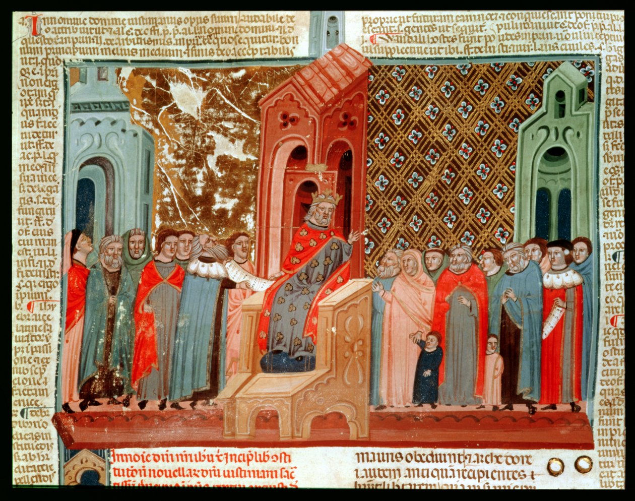 Imperador Justiniano (483-565) e sua corte, de Justinianus Istitutiones de Italian School
