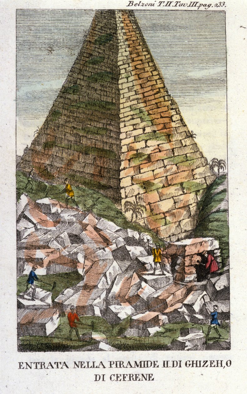 Entrada de Belzoni na Pirâmide de Guizeh (Guiseh, Giza, Giza) ou Chephren (Velho Império). Giovanni Battista (Gianbattista) Belzoni (1778-1823), explorador e arqueólogo italiano, fez importantes descobertas arqueológicas no Egito. Gravura - em " de Italian School